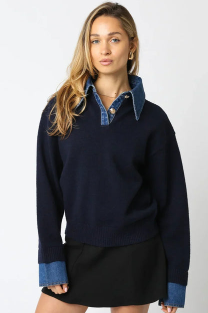 Denim Dokulu Triko Kazak