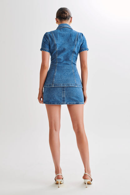 Ellie Denim Kısa Kollu Üst - 70'Ler Mavisi