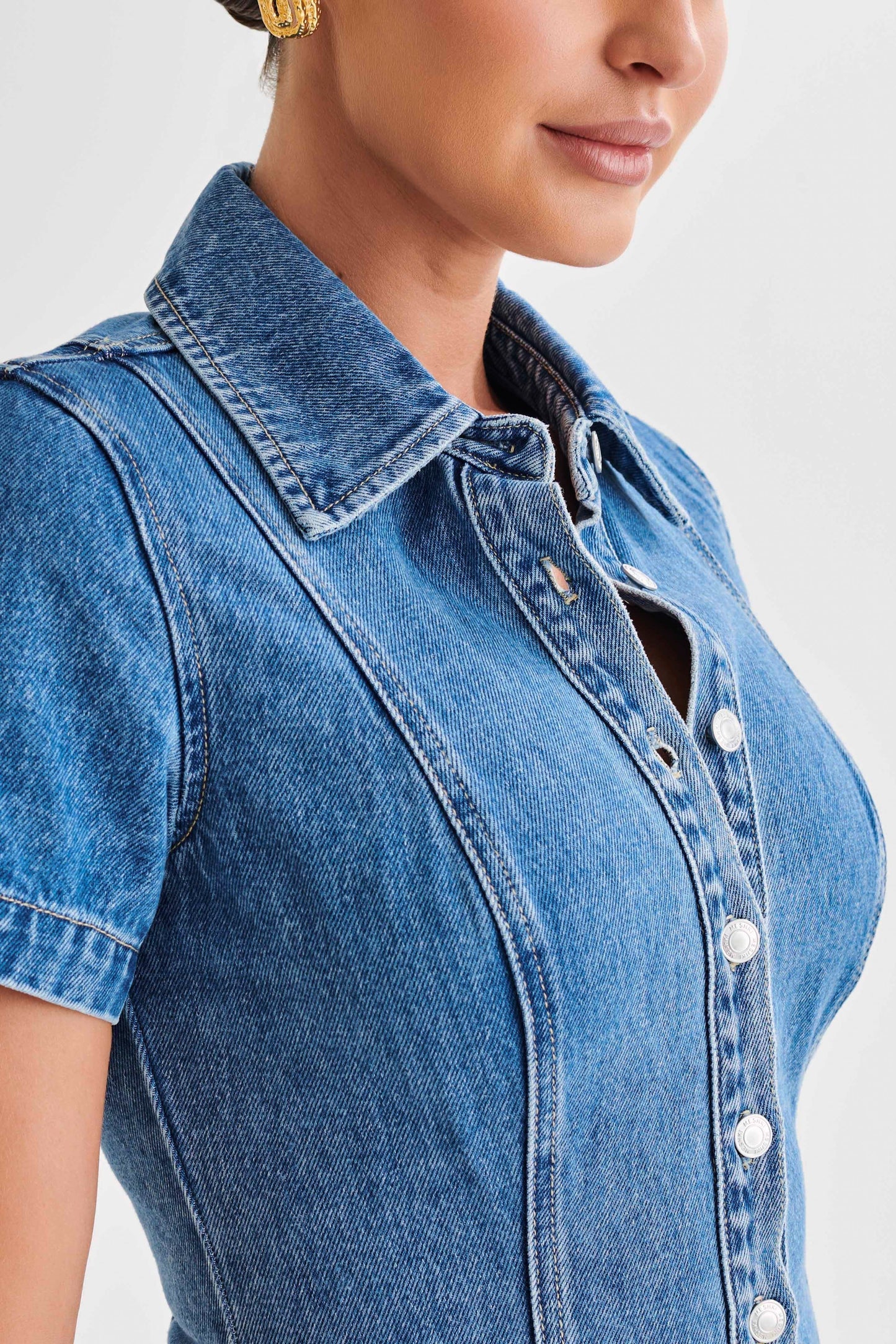 Ellie Denim Kısa Kollu Üst - 70'Ler Mavisi