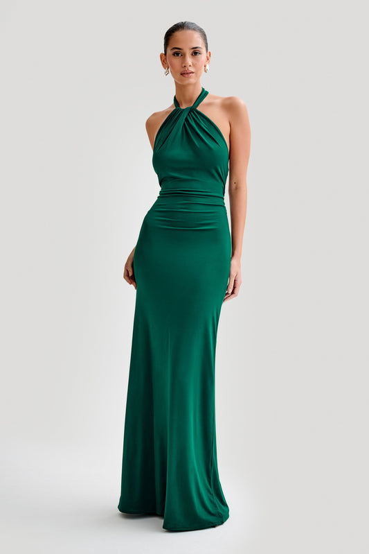 Elyna Slinky Halter Maxi Elbise - Orman Yeşili