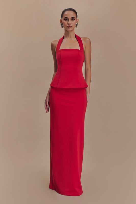 Bertie Peplum Halter Maxi Elbise - Ruby