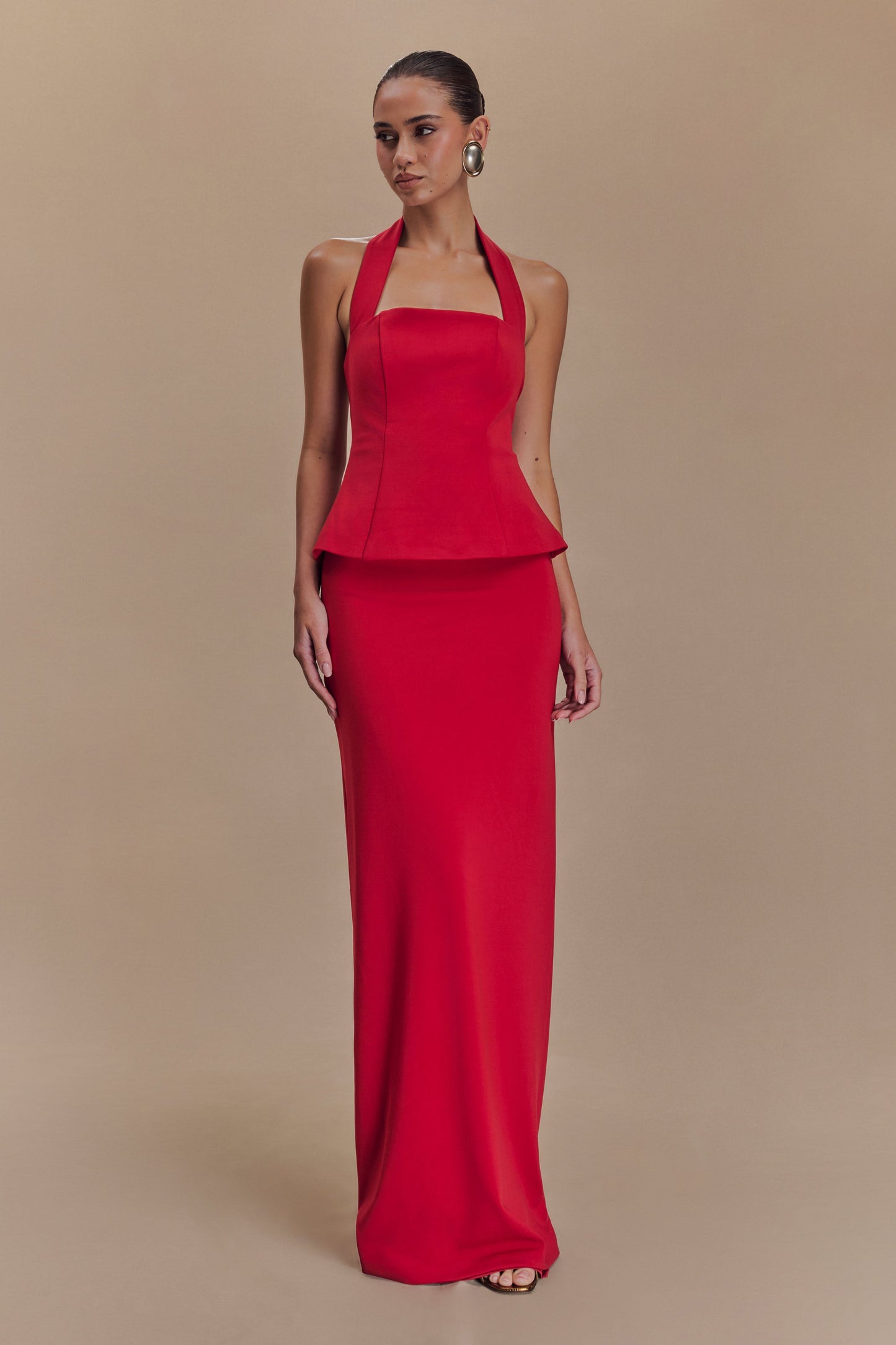 Bertie Peplum Halter Maxi Elbise - Ruby