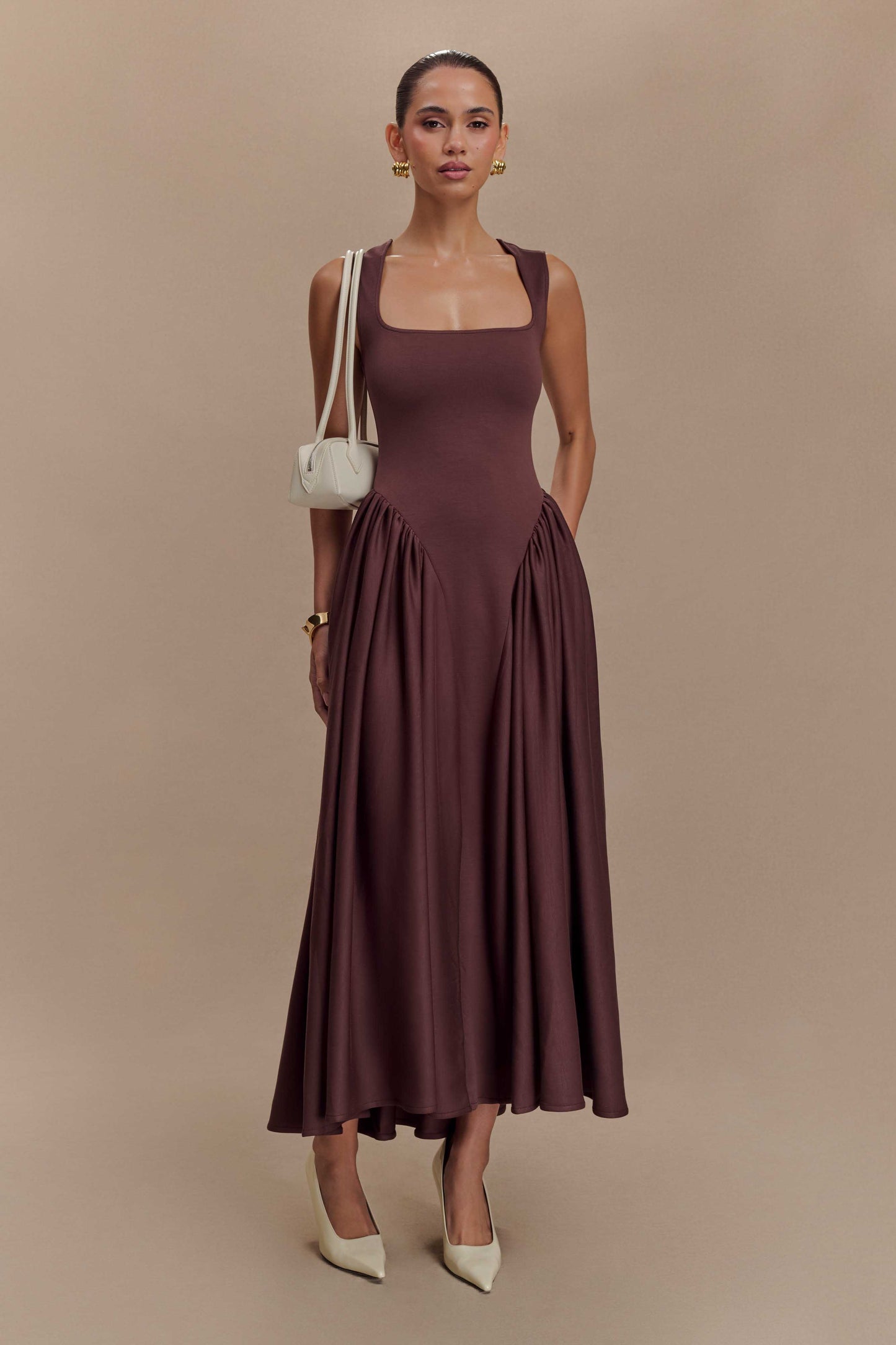 Sharon Scuba Jersey Midi Elbise - Kakao Kahverengi