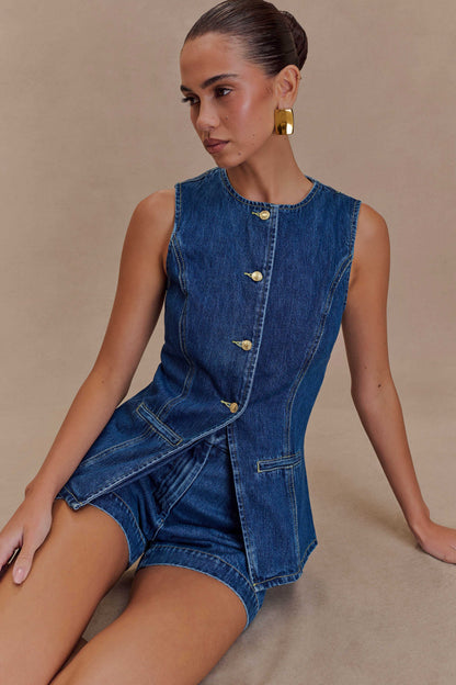 Abel Denim Düğmeli Üst - Koyu Mavi