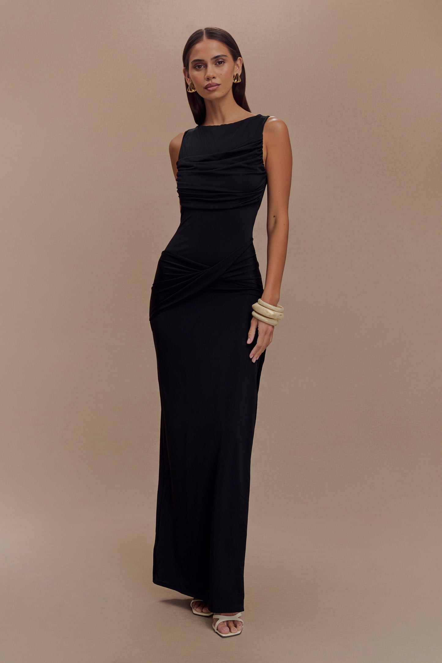 Henley Slinky Drape Maxi Elbise - Siyah