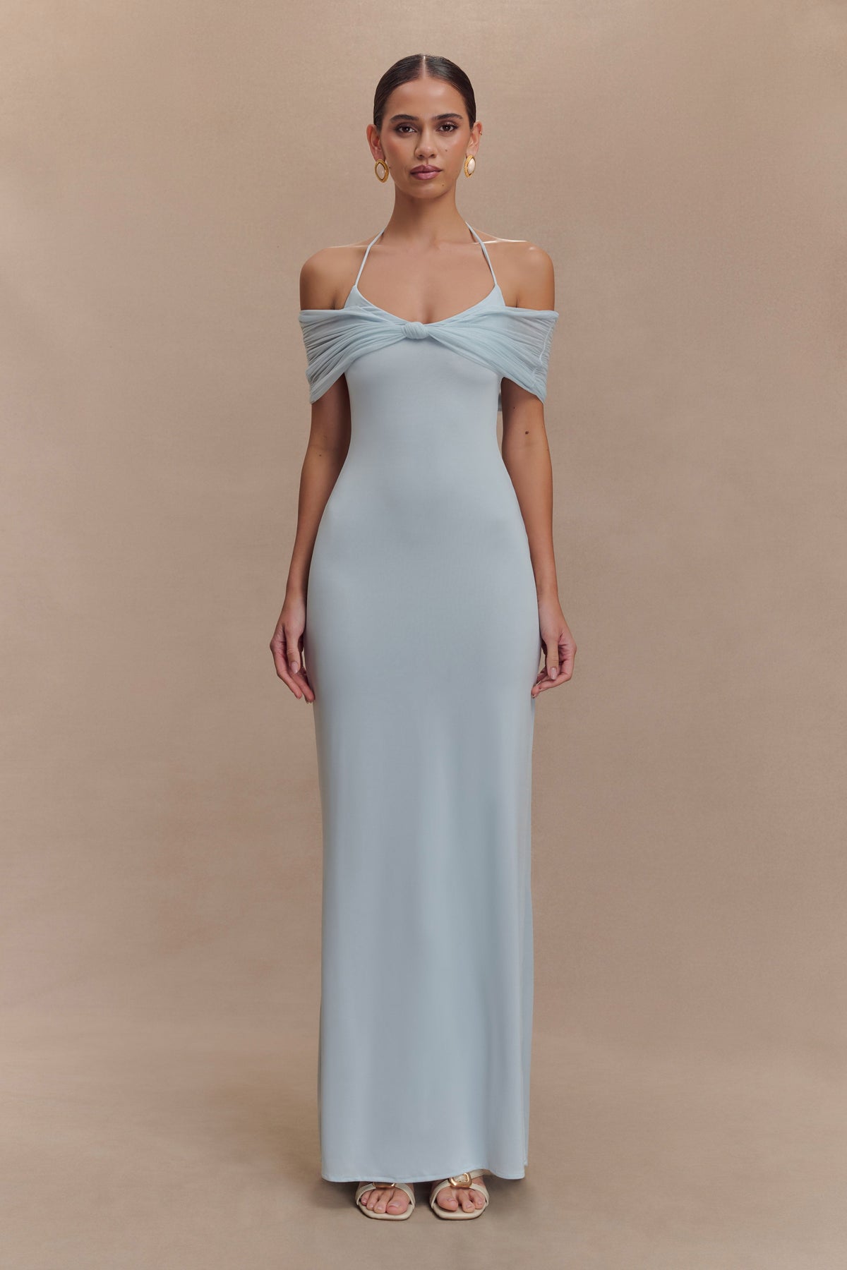 Bernadina Mesh Ve Slinky Halter Maxi Elbise - Soluk Mavi