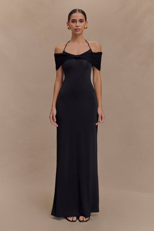 Bernadina Mesh Ve Slinky Halter Uzun Elbise - Siyah