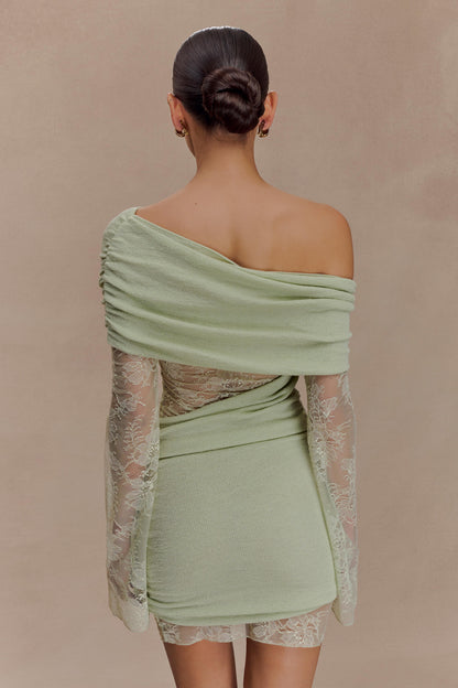 Luxie Dantel Örgü Mini Elbise - Pastel Yeşil