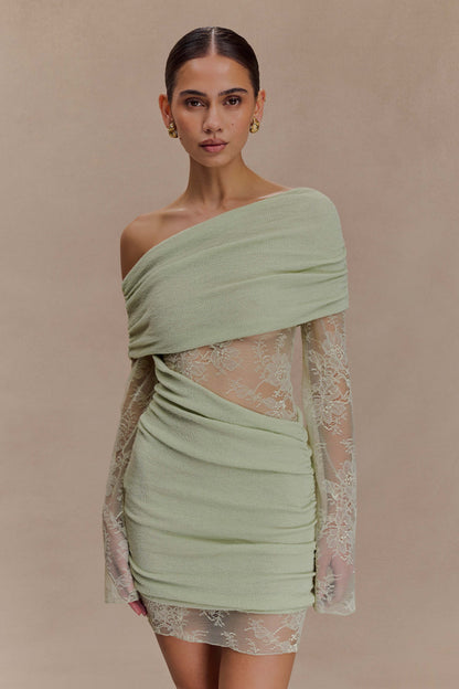 Luxie Dantel Örgü Mini Elbise - Pastel Yeşil