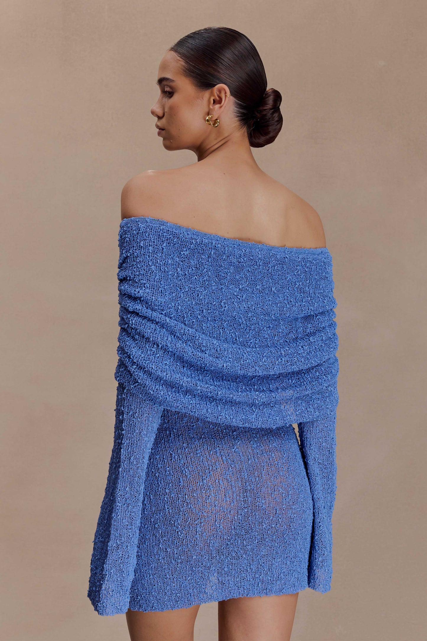 Marisol Omuz Açık Bukle Mini Elbise - Periwinkle
