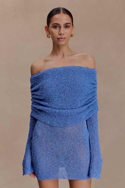 Marisol Omuz Açık Bukle Mini Elbise - Periwinkle