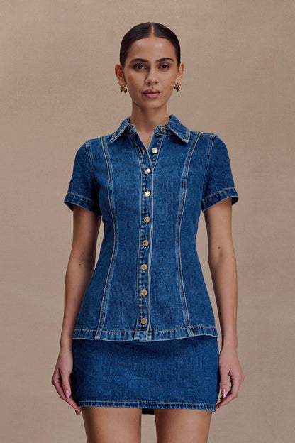 Ellie Denim Kısa Kollu Üst - Koyu Mavi