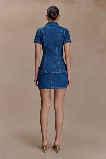 Ellie Denim Kısa Kollu Üst - Koyu Mavi