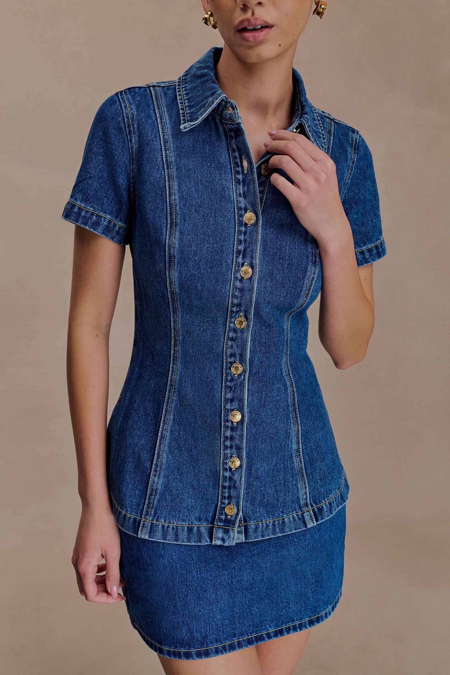 Ellie Denim Kısa Kollu Üst - Koyu Mavi
