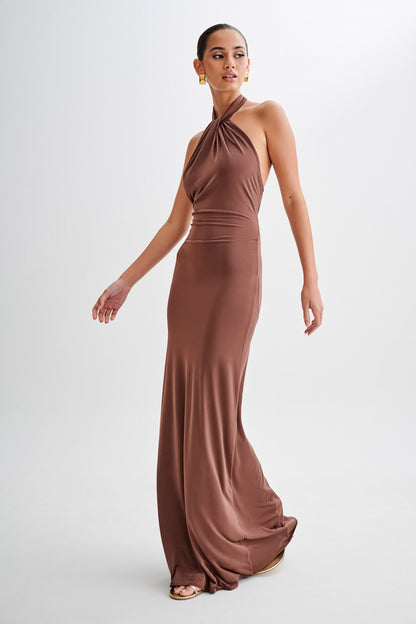 Elyna Slinky Halter Maxi Elbise - Çikolata