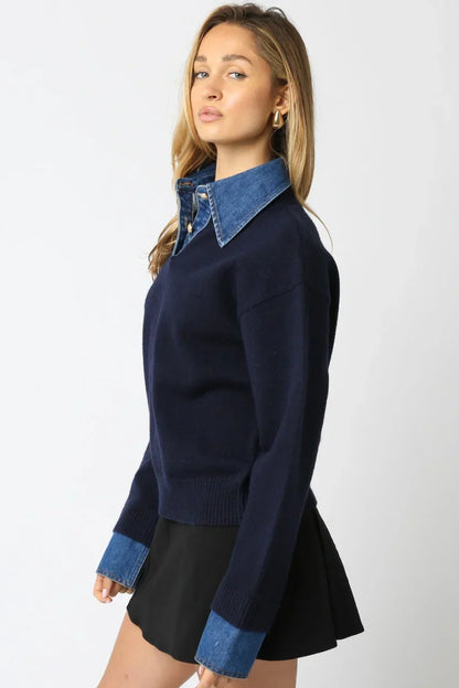 Denim Dokulu Triko Kazak
