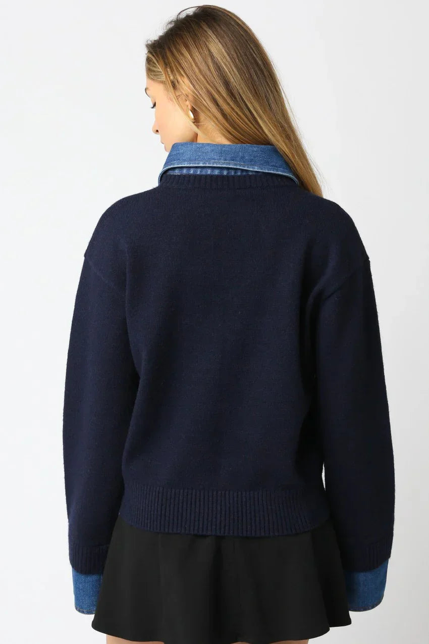 Denim Dokulu Triko Kazak