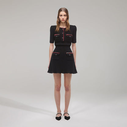 Siyah Lurex Kontrast Kesim Mini Elbise