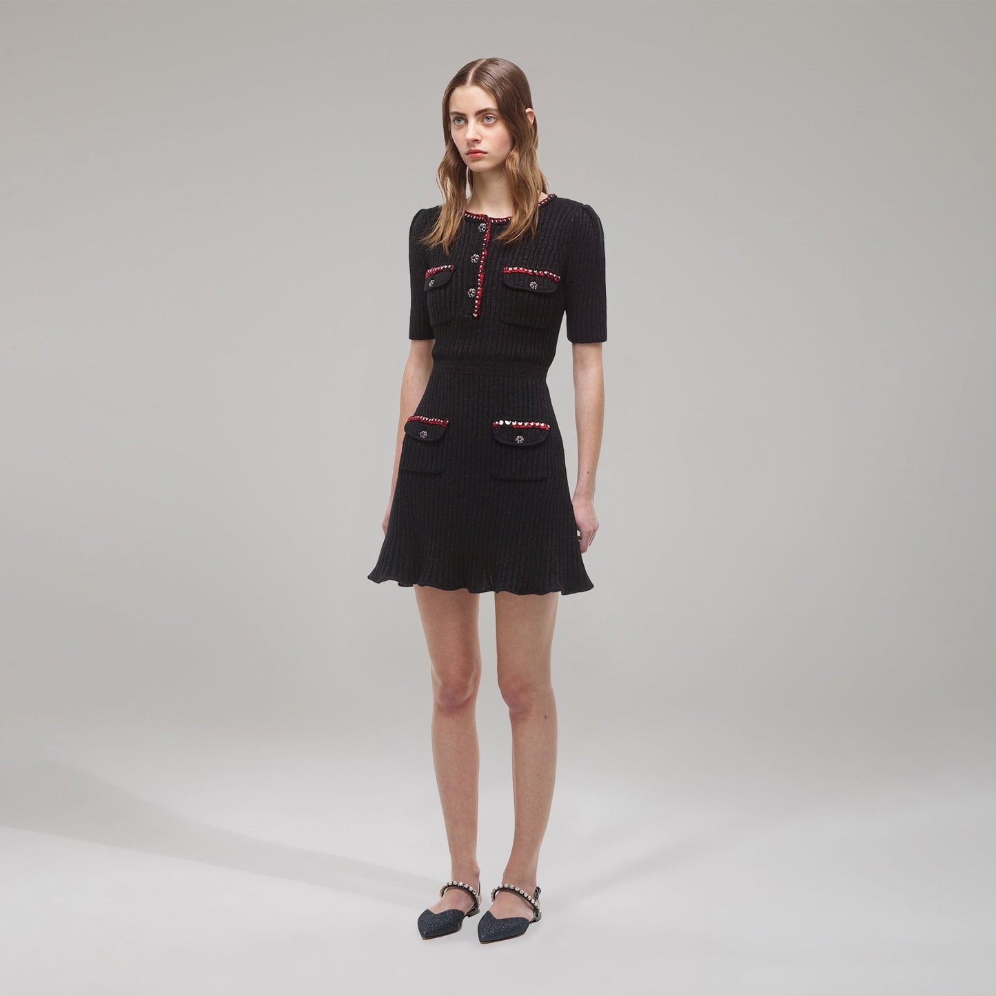 Siyah Lurex Kontrast Kesim Mini Elbise