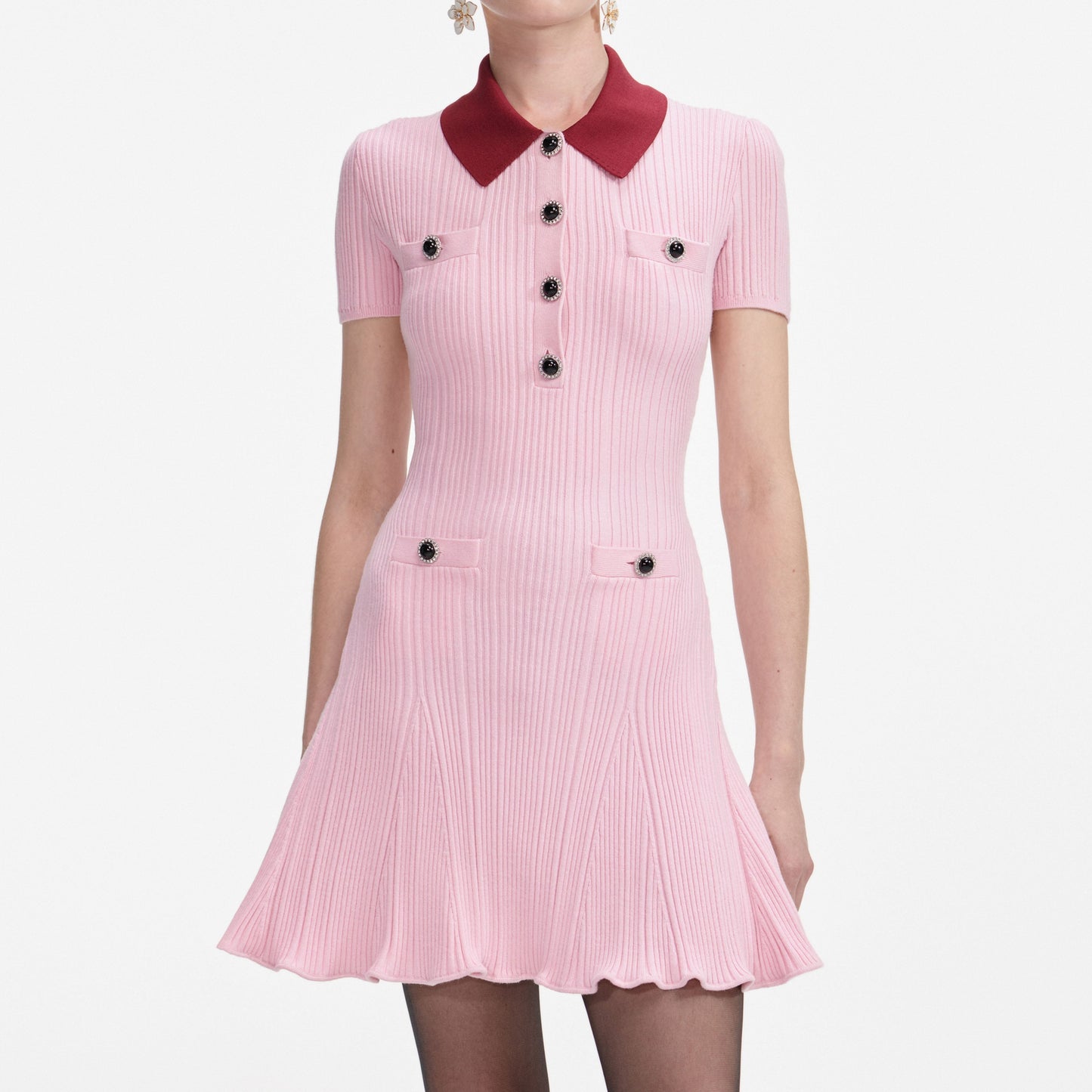 Pembe Kontrast Yaka Örgü Mini Elbise