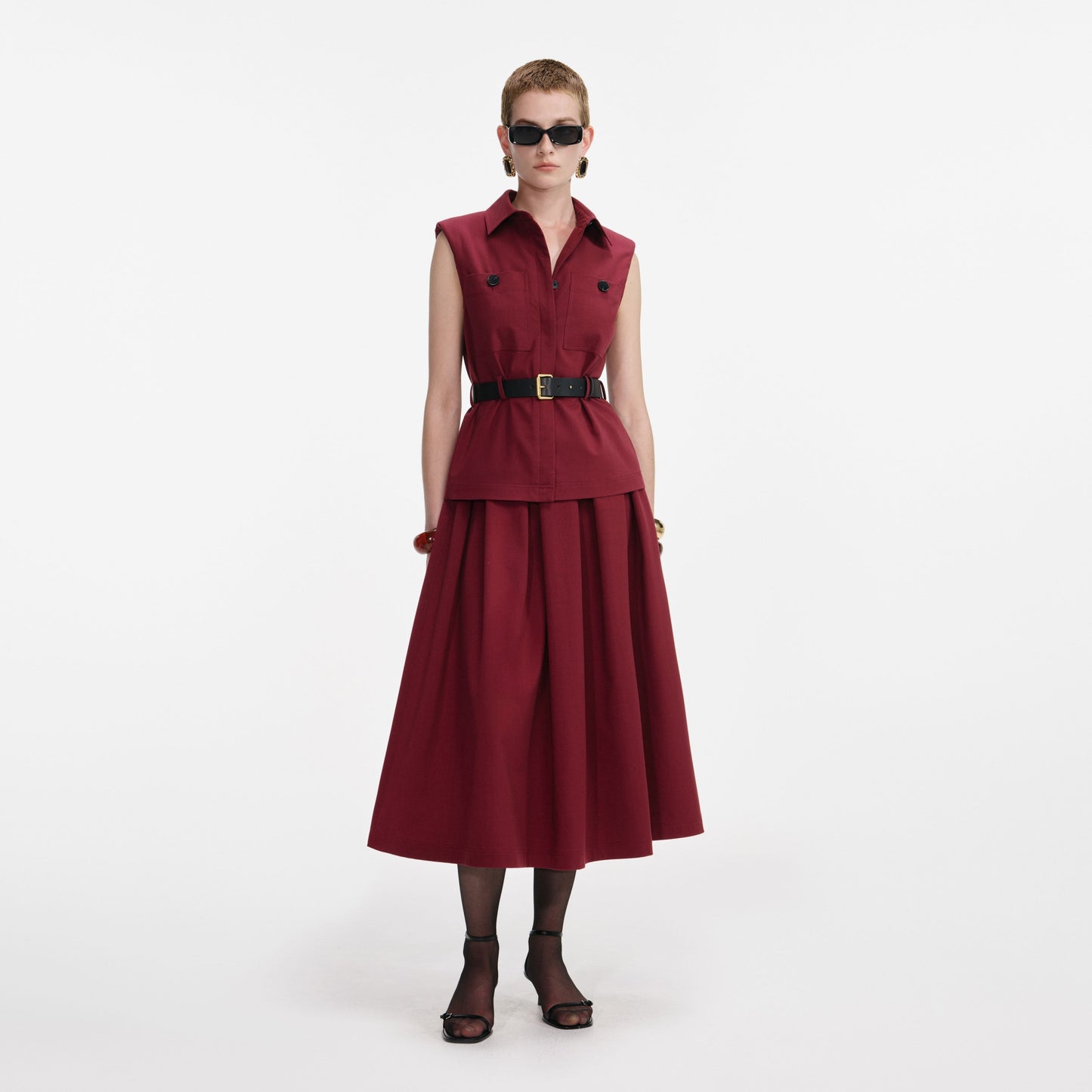 Bordo Twill Kemerli Midi Elbise
