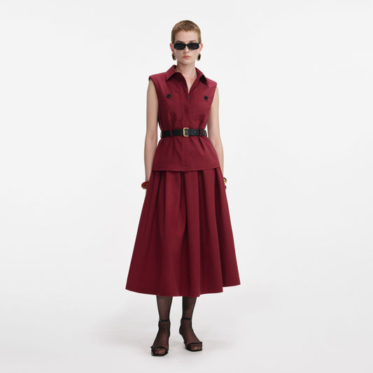 Bordo Twill Kemerli Midi Elbise