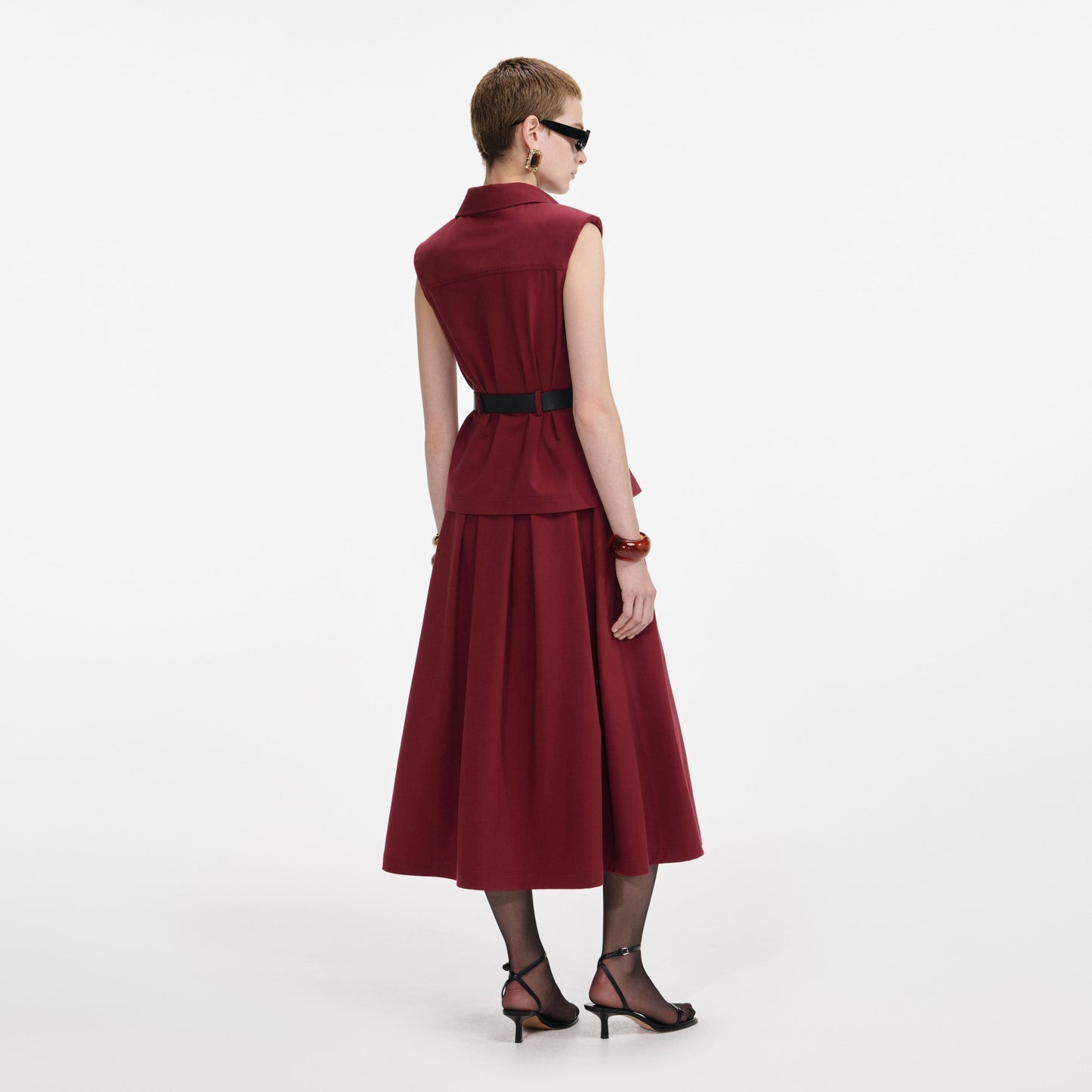 Bordo Twill Kemerli Midi Elbise