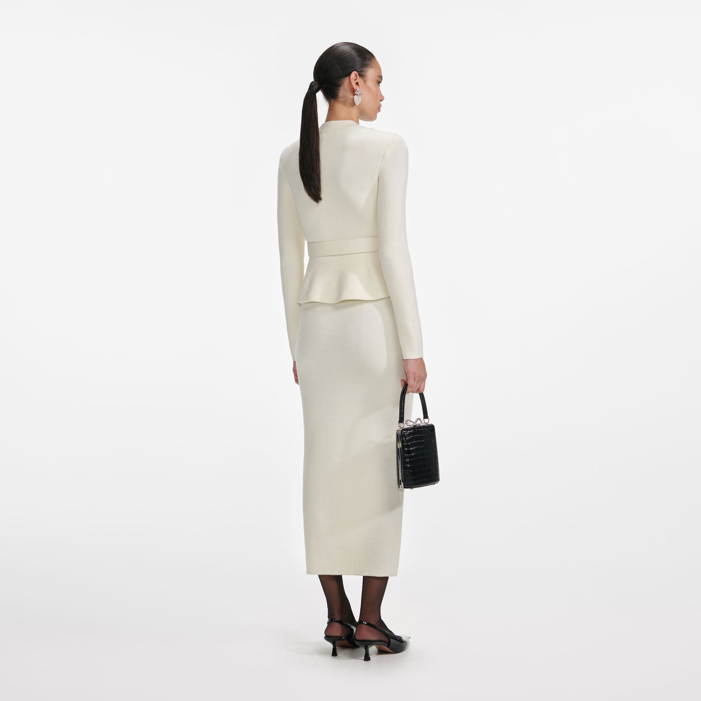 Krem Yün Peplum Örgü Midi Elbise