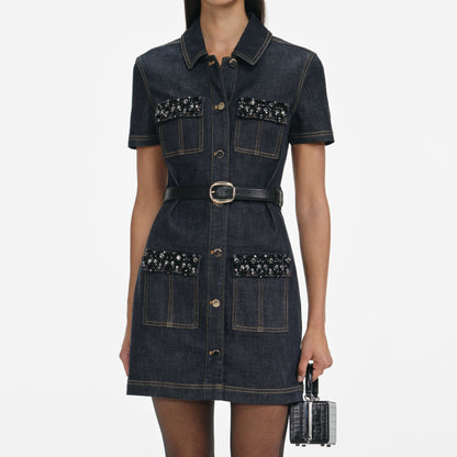 Indigo Denim Kristal Kesim Mini Elbise