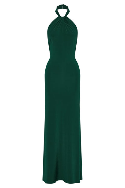 Elyna Slinky Halter Maxi Elbise - Orman Yeşili