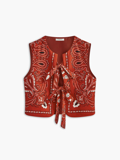 Paisley Baskılı Kravat Önlü Yelek Bordo V Yaka