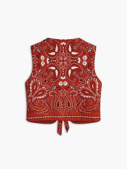 Paisley Baskılı Kravat Önlü Yelek Bordo V Yaka