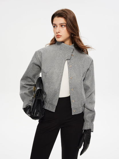 Düğme Klipsli Kısa Blazer Gri Asimetrik Kesim