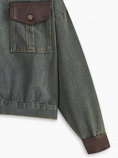Vintage Kontrast Süslü Yaka Denim Ceket Koyu Kahverengi Uzun Kol