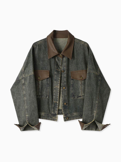 Vintage Kontrast Süslü Yaka Denim Ceket Koyu Kahverengi Uzun Kol