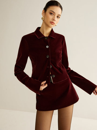 Kadife Yaka Kısa Blazer Bordo Uzun Kol