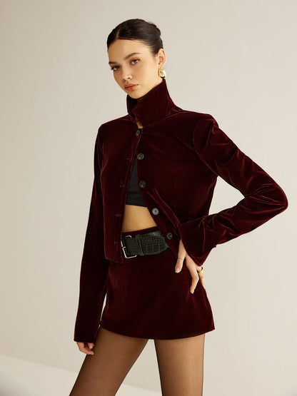 Kadife Yaka Kısa Blazer Bordo Uzun Kol