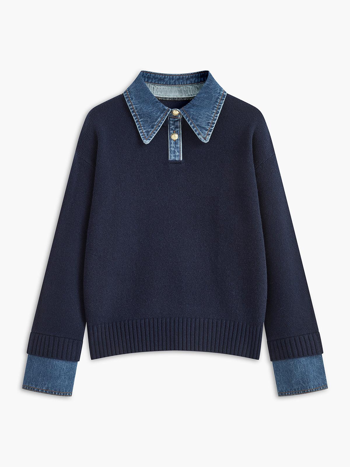 Denim Dokulu Triko Kazak