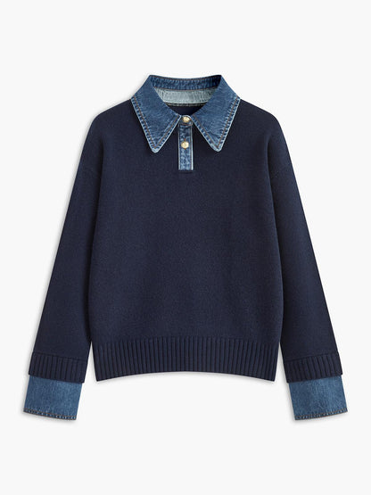 Denim Dokulu Triko Kazak