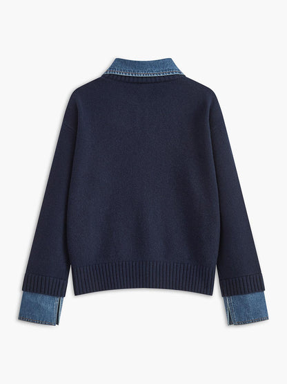 Denim Dokulu Triko Kazak