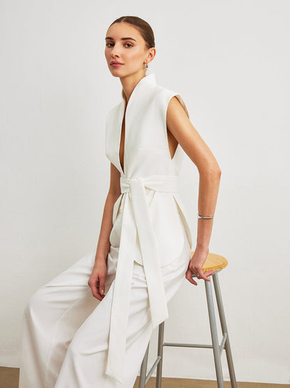 Kemerli Peplum Askısız Uzun Üst Beyaz Düğmeli
