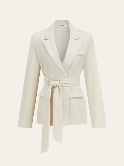 Uzun Kollu Kuşaklı Blazer Beyaz Dokuma Ceket
