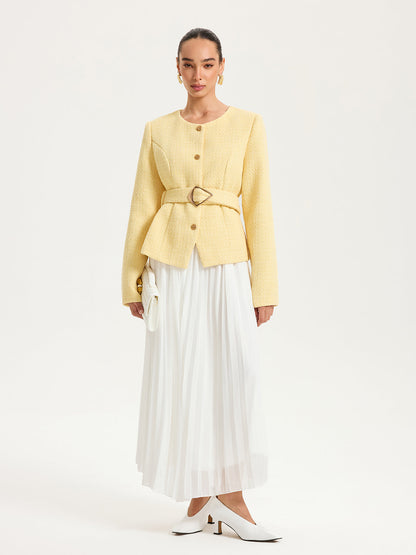 Düğme Detaylı Kemerli Tweed Ceket Sarı Regular Fit