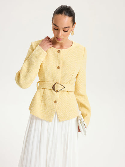 Düğme Detaylı Kemerli Tweed Ceket Sarı Regular Fit