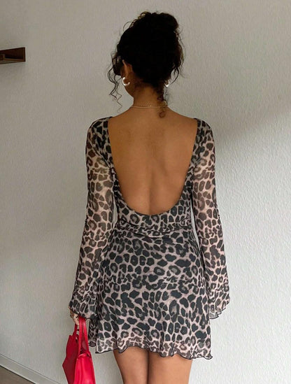 Kendall | Leopar Desenli U Yaka Sırtı Açık Mini Elbise