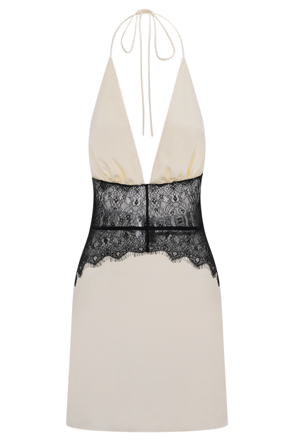 Dinah Dantel Ve Saten Mini Elbise - Siyah/Fildişi
