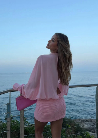 Solene | Uzun Kollu Mini Yazlık Kokteyl Elbisesi