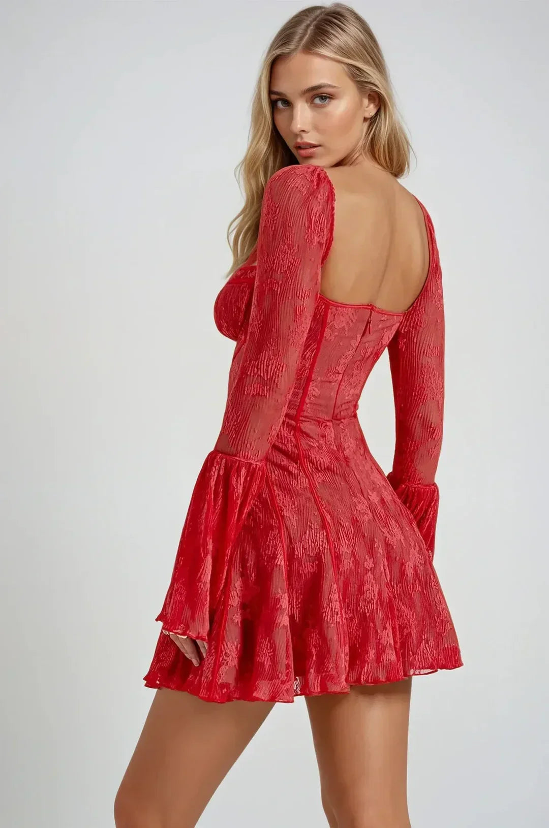 Teagan | Uzun Kollu Romantik Dantel Mini Elbise