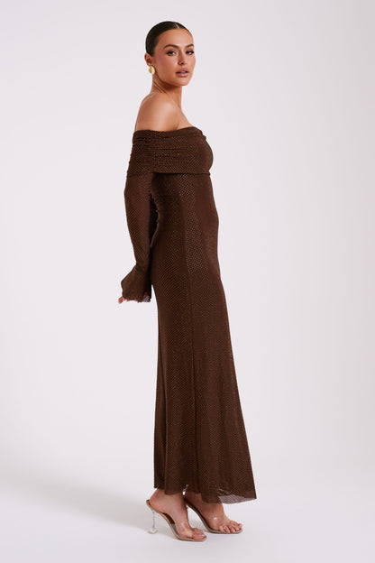 Marcel Omuz Açık Pırlantalı Uzun Elbise - Çikolata