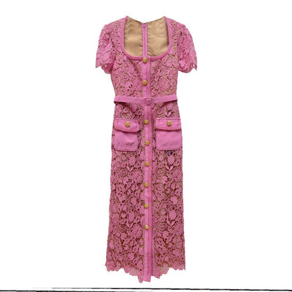 Pembe Dantel Uzun Elbise
